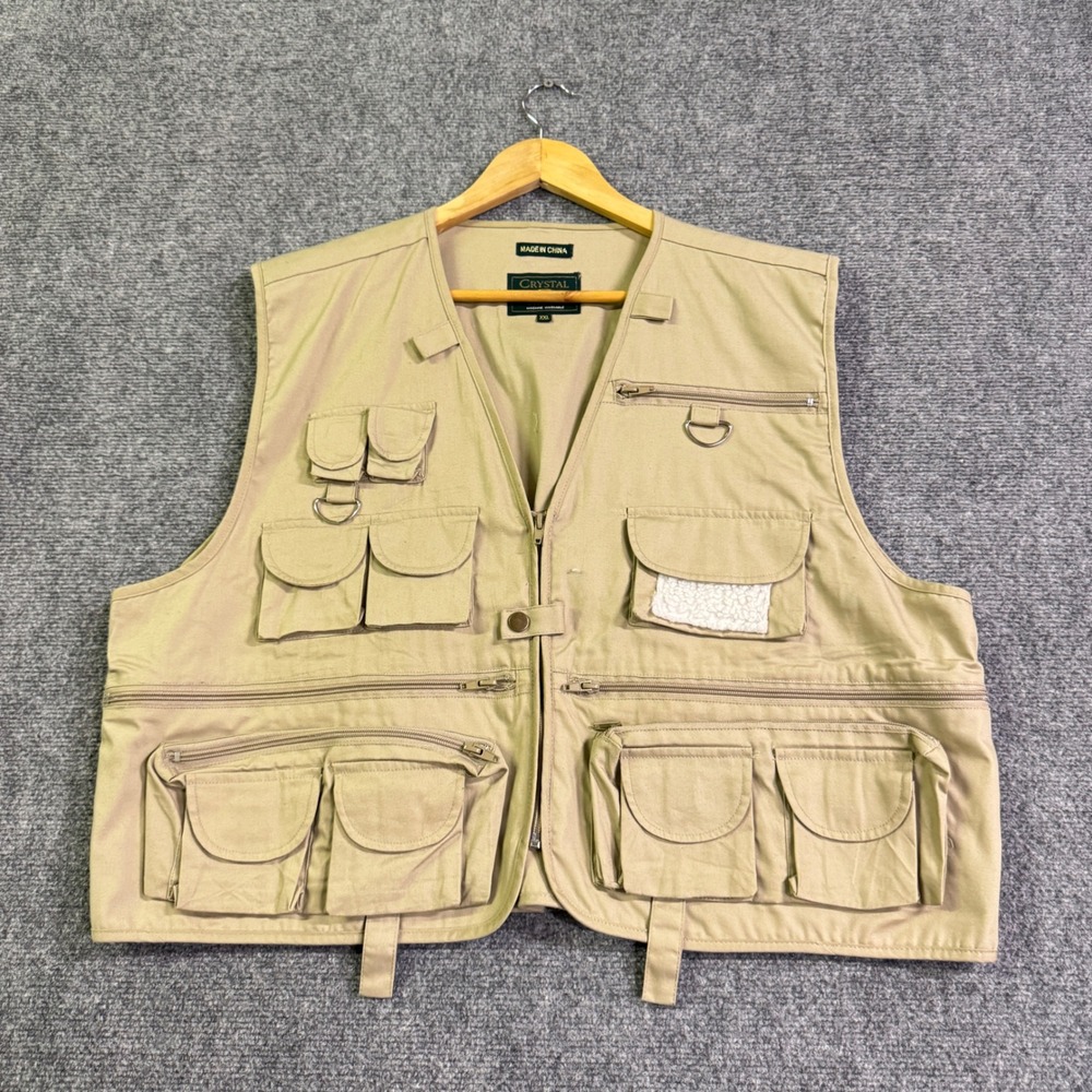 VTG Crystal Fishing Vest Mens XXL Beige 90s Y2K Fullzip Sportsman